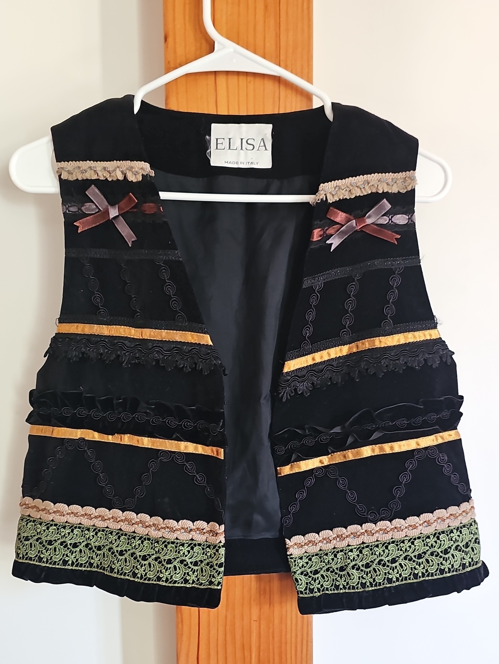 ELISA Black Velvet Embroidered Vest with Ribbon Detail